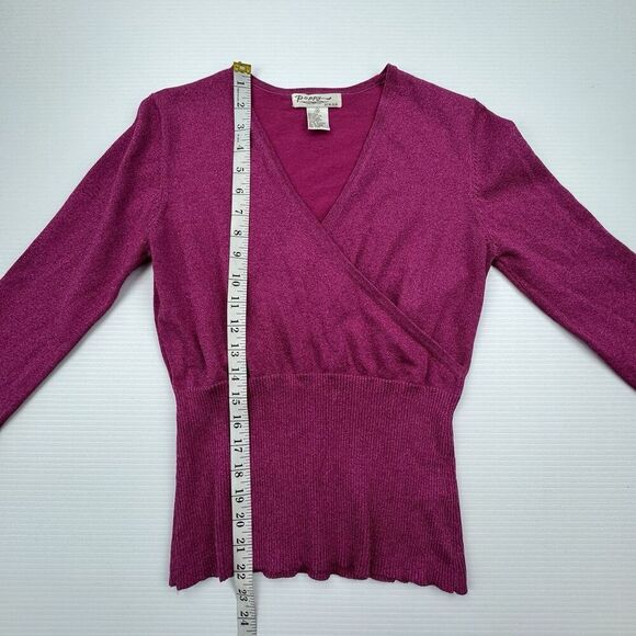 Vintage POPPY Pink Sparkle Knit Sweater Top Size Medium V-Neck Ribbed Silk Blend - Picture 8 of 9